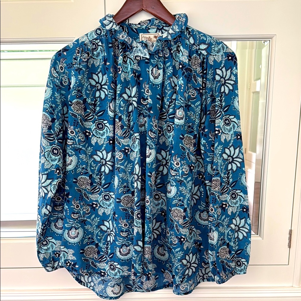 Mille Francesca Ruffle Neck Cotton Blouse in Boho Blue Floral